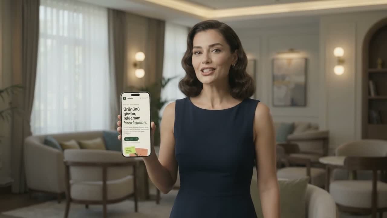 Tanivo tanıtımında telefonu gösteren kadın
